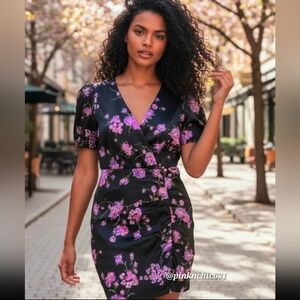 NWT LEYDEN Black Purple RUCHED Silky Satin Floral Mini Dress Size Medium